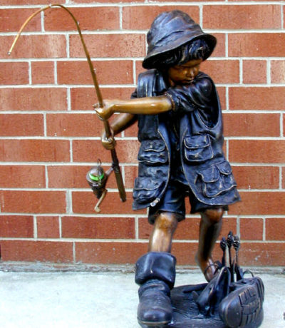 Bronze Boy Fishing on Log Sculpture