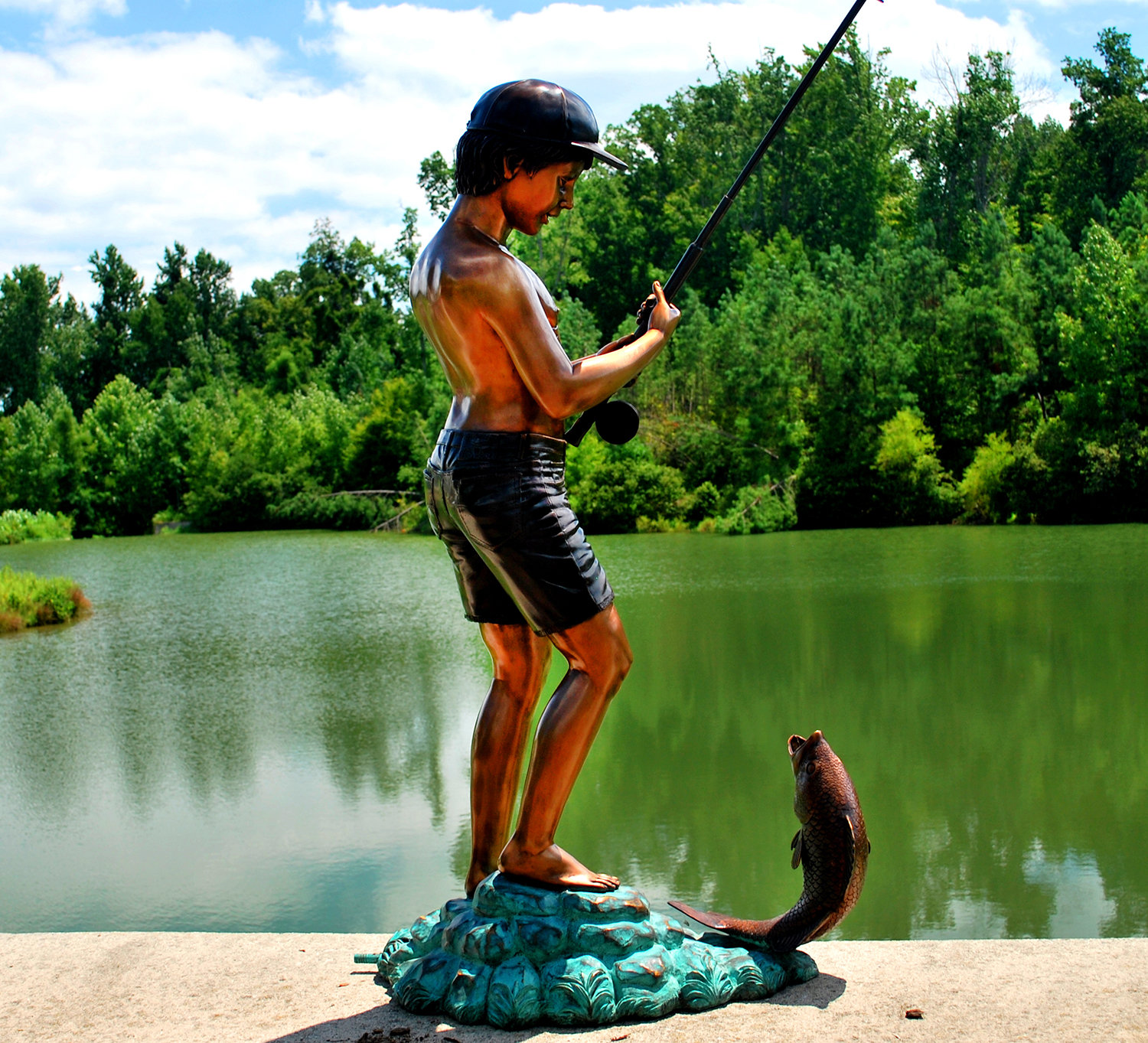 Bronze Boy Fishing Fountain Sculpture - Metropolitan Galleries Inc.