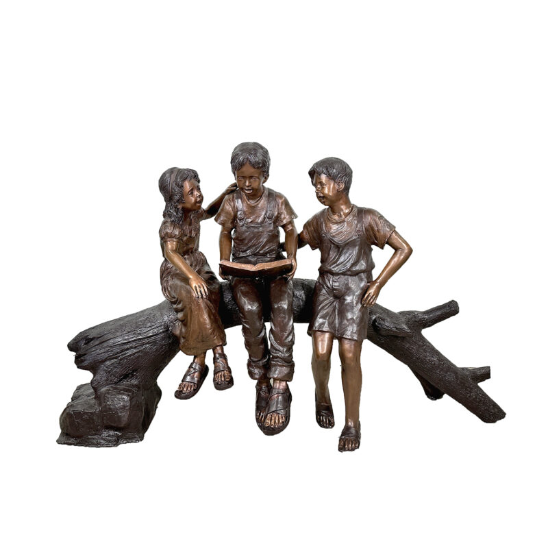 SRB057836 Bronze Three Children Reading on Tree Log Sculpture by Metropolitan Galleries Inc