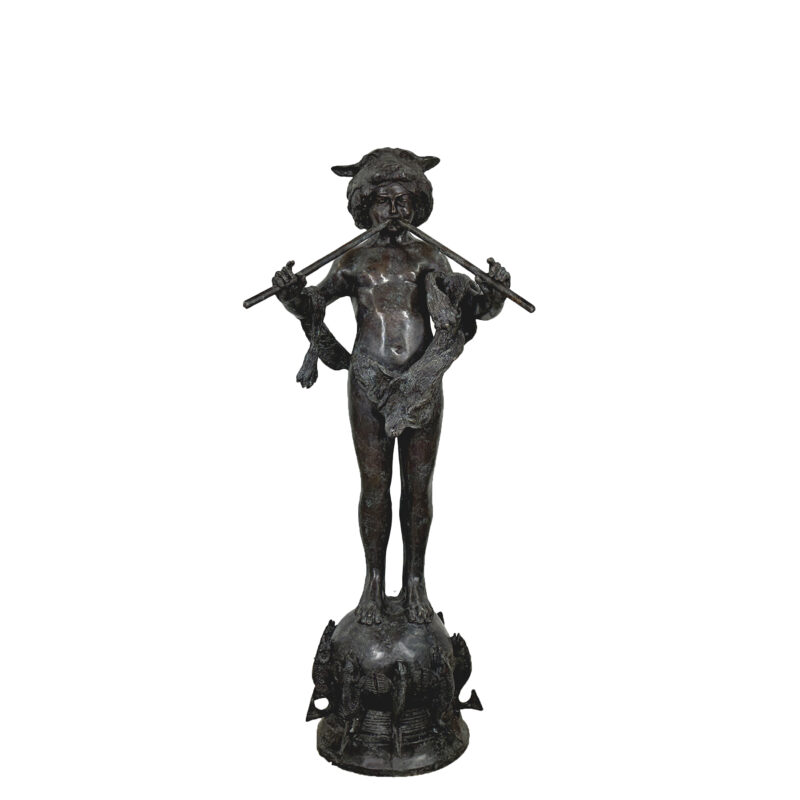 SRB991628-BVG Bronze Boy with Panpipes Fountain Sculpture in Distressed Brown & Verdigris Patina by Metropolitan Galleries Inc.