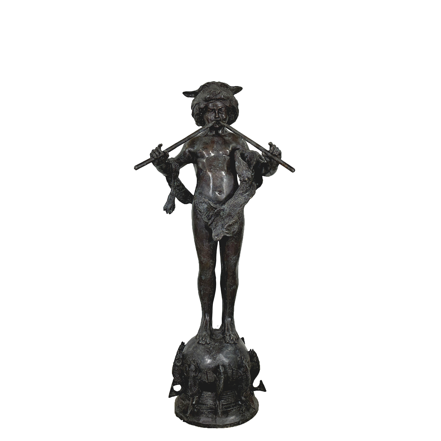 Bronze Panpipe Boy on Fish Base Fountain Sculpture