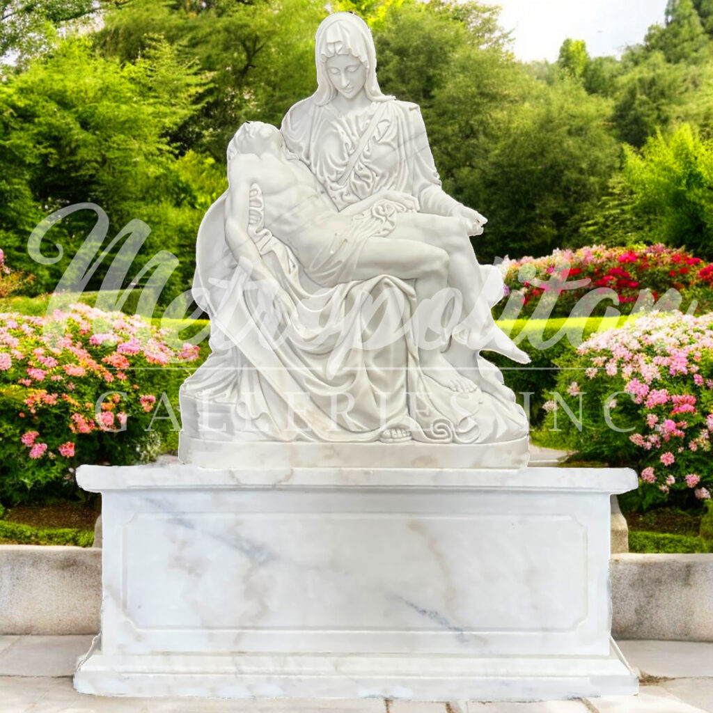 JBS1225 Carved Marble Pieta Sculpture on Pedestal by Metropolitan Galleries Inc Vignette WM AI